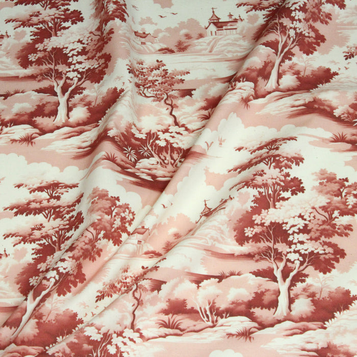 Tissu de coton Toile de Jouy traditionnelle française rouge, fond écru - COLLECTION PAYSAGE DE SOLOGNE