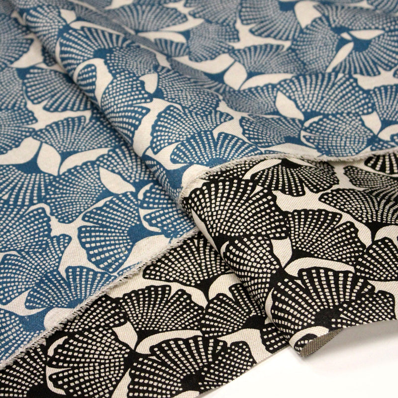 Tissu coton demi natté motif japonais GINKGO : BLEU ou NOIR - OEKO - TEX STANDARD 100 - TissusPapi.com
