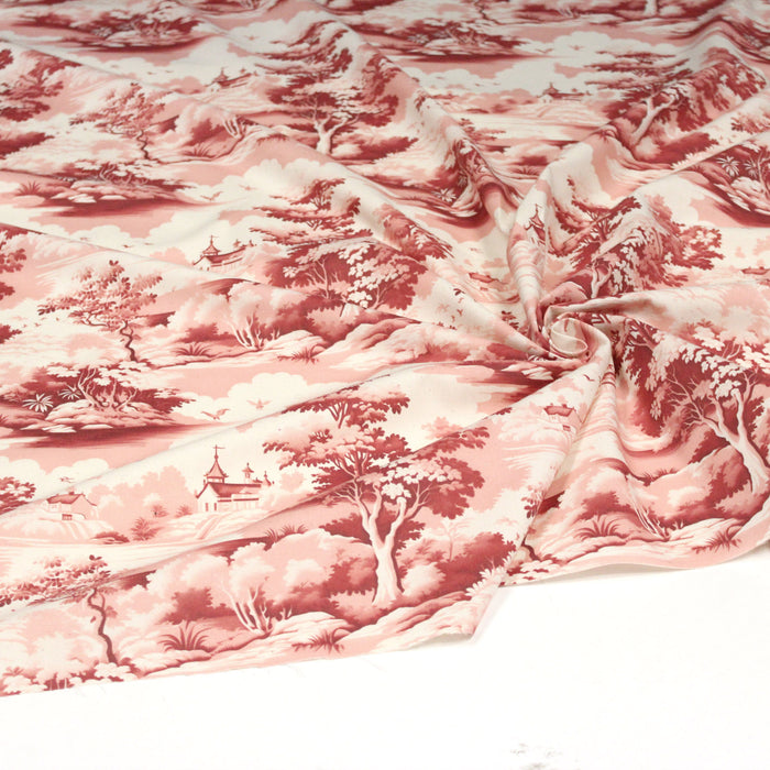 Tissu de coton Toile de Jouy traditionnelle française rouge, fond écru - COLLECTION PAYSAGE DE SOLOGNE