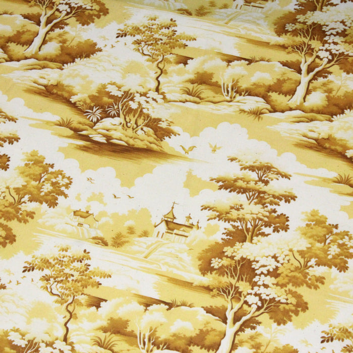 Tissu de coton Toile de Jouy traditionnelle française jaune, fond écru - COLLECTION PAYSAGE DE SOLOGNE
