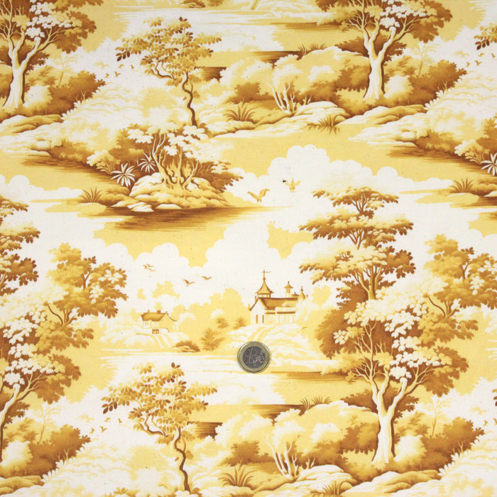 Tissu de coton Toile de Jouy traditionnelle française jaune, fond écru - COLLECTION PAYSAGE DE SOLOGNE
