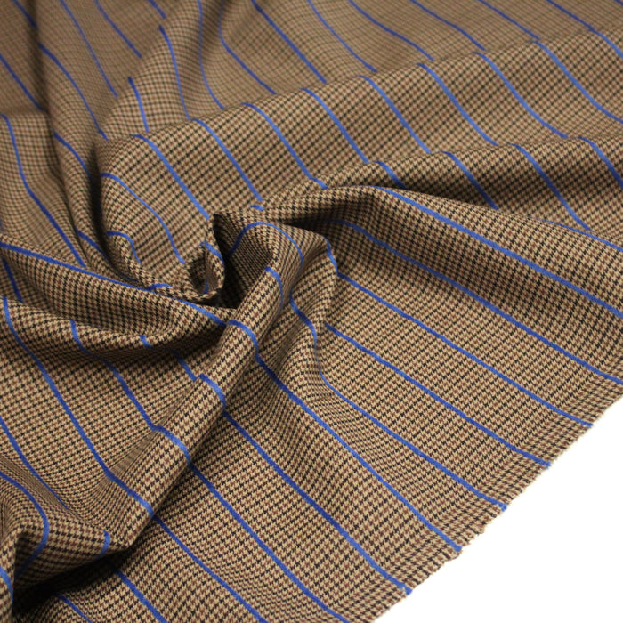 Tissu draperie Pied de poule marron noir et rayures bleu roi - Fabrication italienne