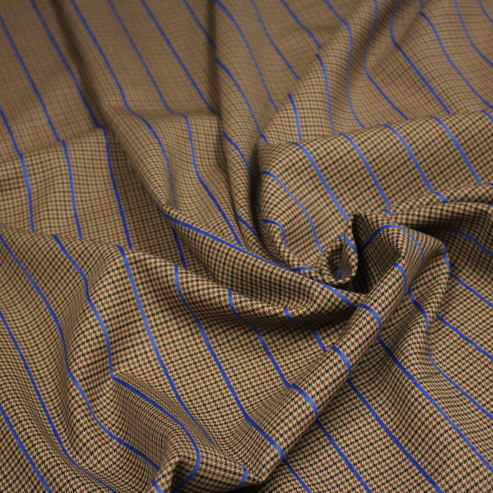 Tissu draperie Pied de poule marron noir et rayures bleu roi - Fabrication italienne