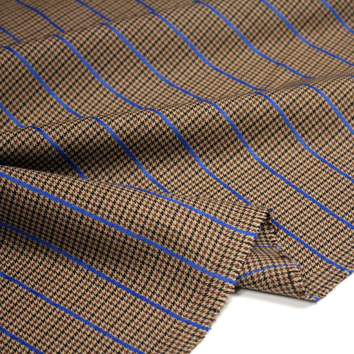 Tissu draperie Pied de poule marron noir et rayures bleu roi - Fabrication italienne