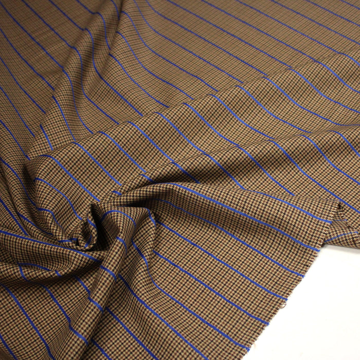 Tissu draperie Pied de poule marron noir et rayures bleu roi - Fabrication italienne