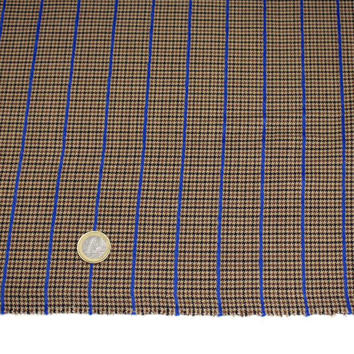 Tissu draperie Pied de poule marron noir et rayures bleu roi - Fabrication italienne
