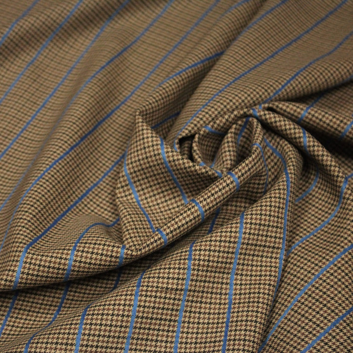 Tissu draperie Pied de poule marron noir et rayures bleu roi - Fabrication italienne