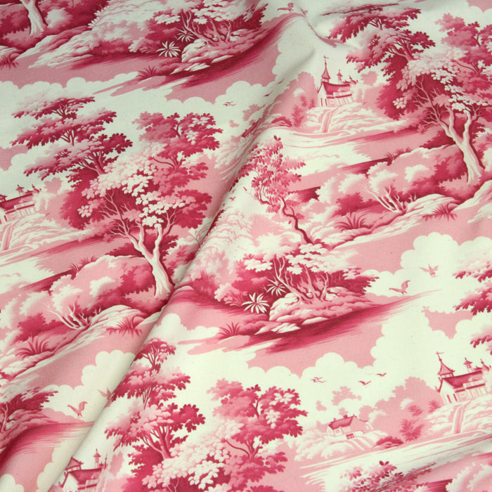 Tissu de coton Toile de Jouy traditionnelle française rose fuchsia, fond écru - COLLECTION PAYSAGE DE SOLOGNE