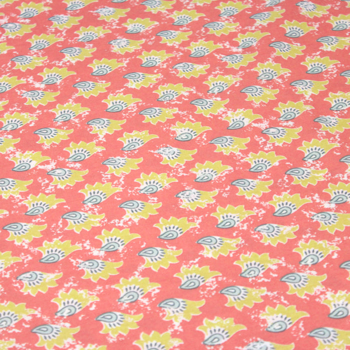 Tissu de coton corail aux fleurs jaunes - COLLECTION KALAMKARI - OEKO-TEX