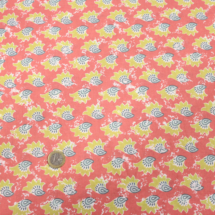 Tissu de coton corail aux fleurs jaunes - COLLECTION KALAMKARI - OEKO-TEX