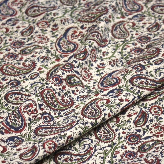 Tissu coton fin imprimé INDIENNES, écru motif cachemire bleu rouge vert – STANDARD 100 OEKO - TEX - TissusPapi.com