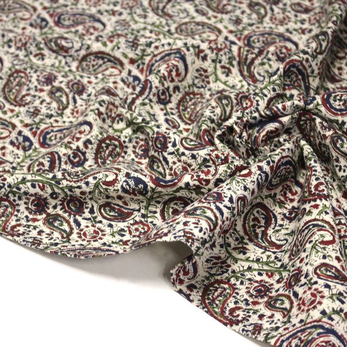 Tissu coton fin imprimé INDIENNES, écru motif cachemire bleu rouge vert – STANDARD 100 OEKO - TEX - TissusPapi.com