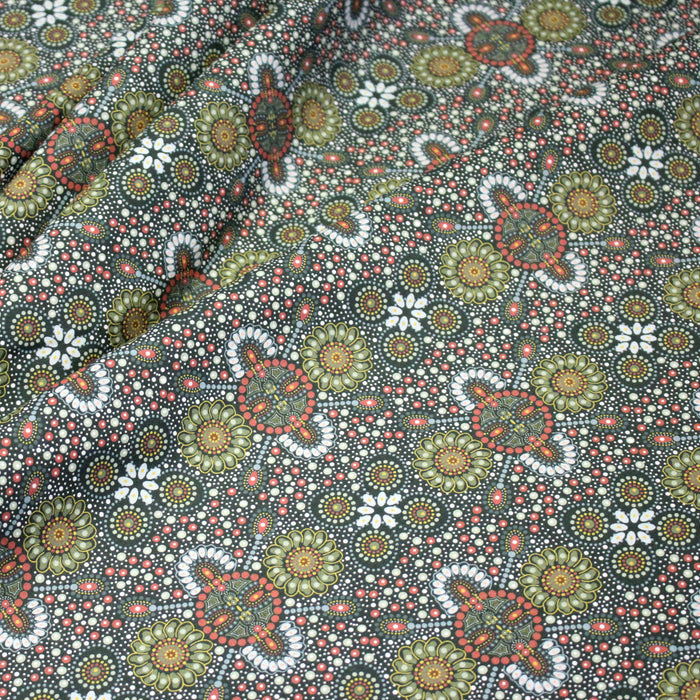 Tissu coton motifs aborigènes australiens, fleurs et pois multicolores - OEKO-TEX