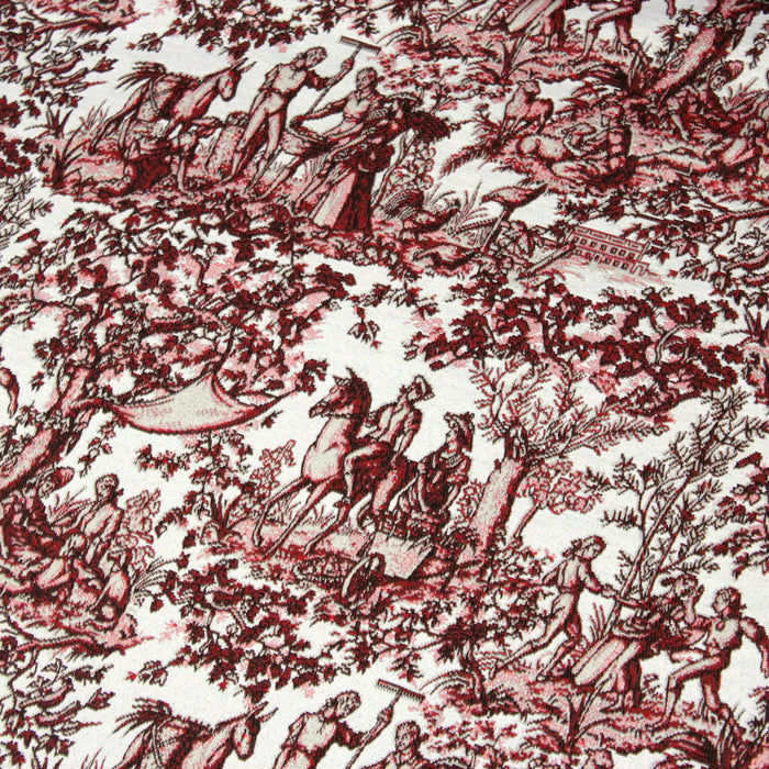 Tissu jacquard Toile de Jouy Campagne 18ème siècle, tons rouges, taupe et blancs - Grande largeur 280cm