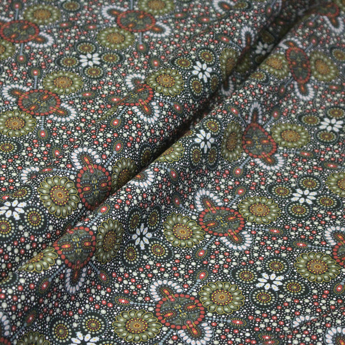 Tissu coton motifs aborigènes australiens, fleurs et pois multicolores - OEKO-TEX