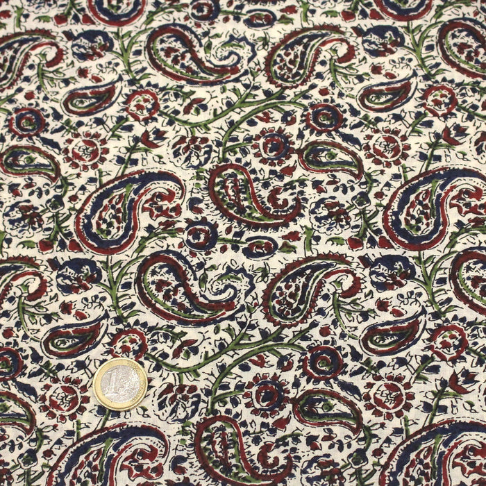 Tissu coton fin imprimé INDIENNES, écru motif cachemire bleu rouge vert – STANDARD 100 OEKO - TEX - TissusPapi.com