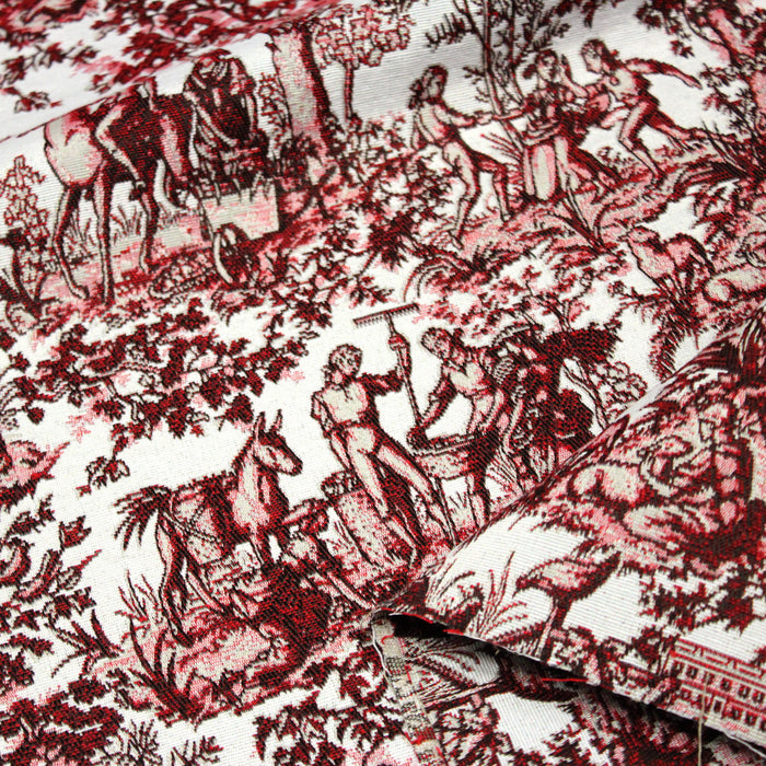 Tissu jacquard Toile de Jouy Campagne 18ème siècle, tons rouges, taupe et blancs - Grande largeur 280cm
