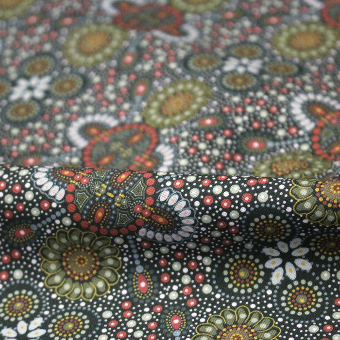 Tissu coton motifs aborigènes australiens, fleurs et pois multicolores - OEKO-TEX