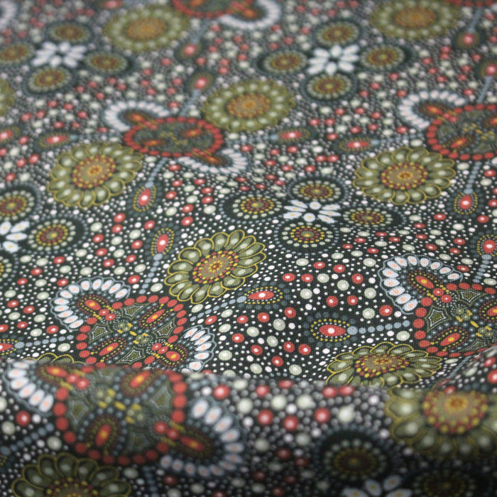 Tissu coton motifs aborigènes australiens, fleurs et pois multicolores - OEKO-TEX