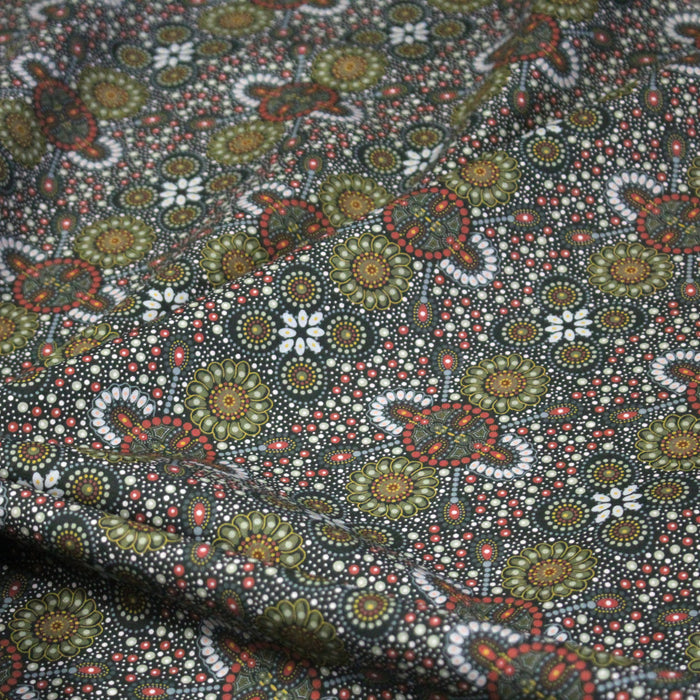 Tissu coton motifs aborigènes australiens, fleurs et pois multicolores - OEKO-TEX