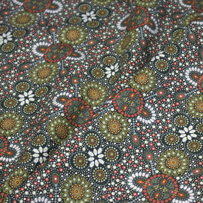 Tissu coton motifs aborigènes australiens, fleurs et pois multicolores - OEKO-TEX