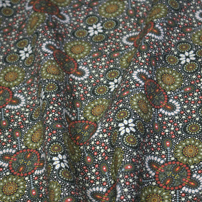 Tissu coton motifs aborigènes australiens, fleurs et pois multicolores - OEKO-TEX