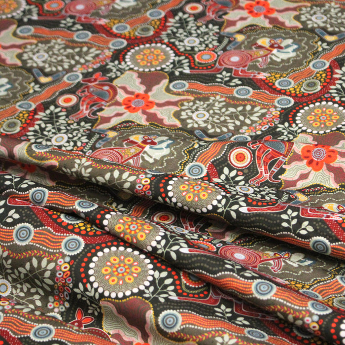 Tissu coton motifs aborigènes australiens, kangourous, fleurs et pois multicolores - OEKO-TEX