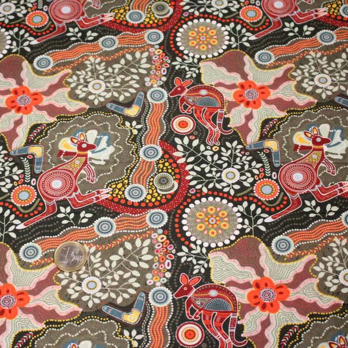 Tissu coton motifs aborigènes australiens, kangourous, fleurs et pois multicolores - OEKO-TEX