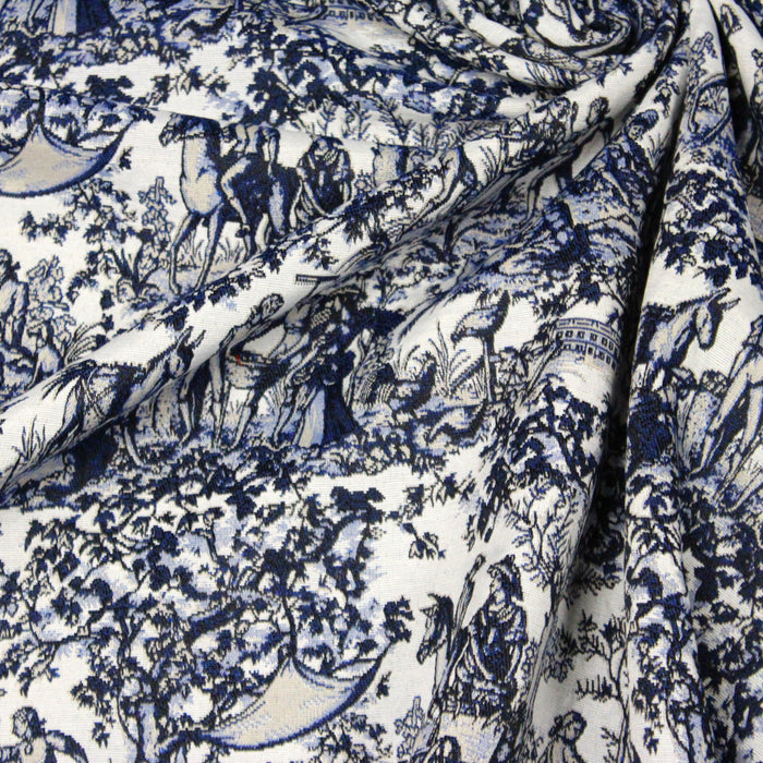 Tissu jacquard Toile de Jouy Campagne 18ème siècle, tons bleus, taupe et blancs - Grande largeur 280cm
