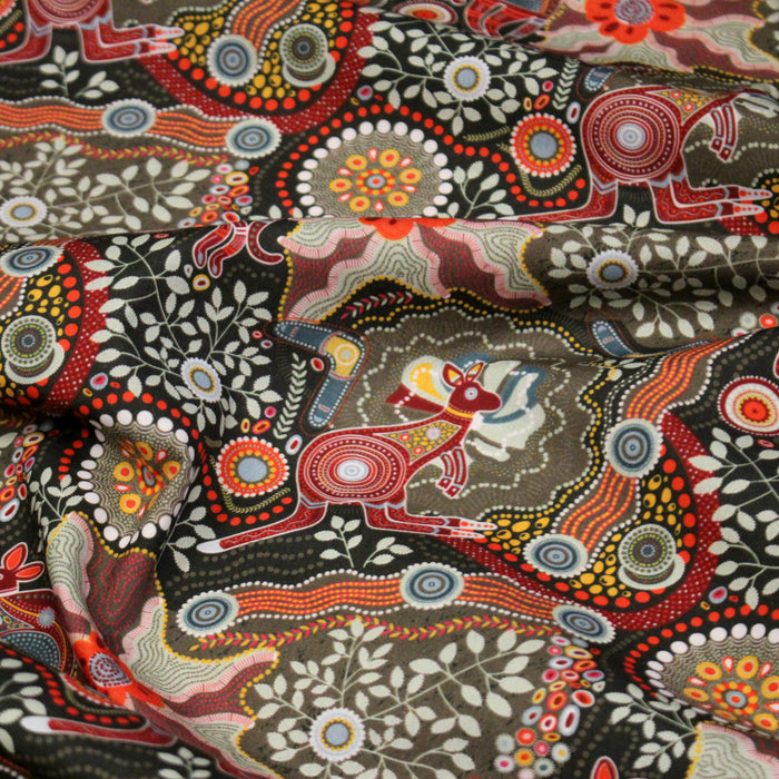 Tissu coton motifs aborigènes australiens, kangourous, fleurs et pois multicolores - OEKO-TEX