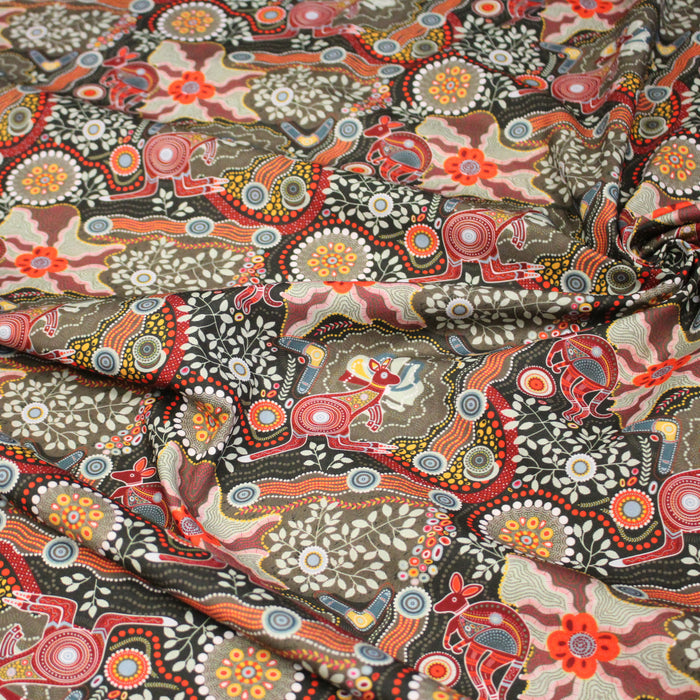 Tissu coton motifs aborigènes australiens, kangourous, fleurs et pois multicolores - OEKO-TEX