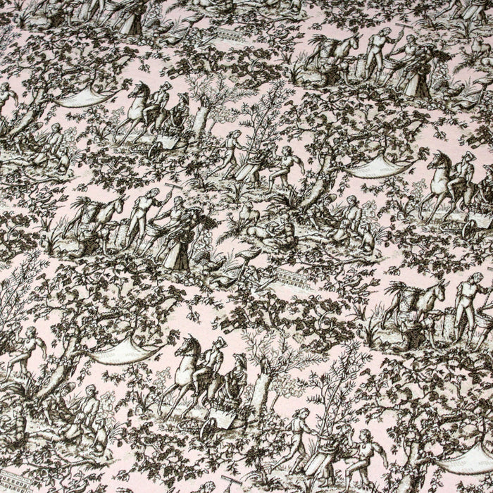 Tissu jacquard Toile de Jouy Campagne 18ème siècle, tons rose pâle, taupe et blancs - Grande largeur 280cm