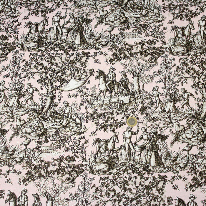 Tissu jacquard Toile de Jouy Campagne 18ème siècle, tons rose pâle, taupe et blancs - Grande largeur 280cm