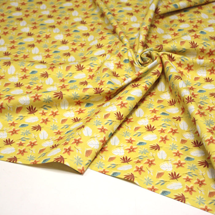 Tissu cotonnade jaune aux feuilles d'automne - OEKO-TEX