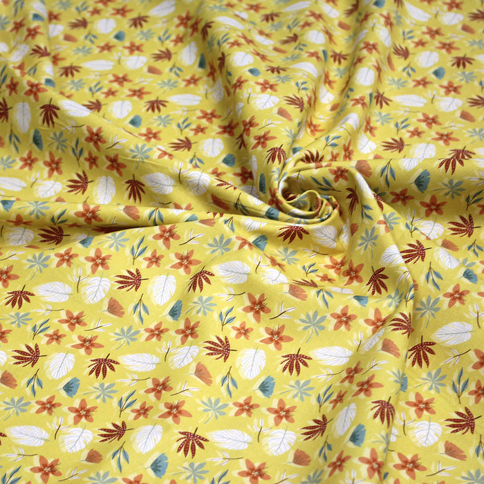 Tissu cotonnade jaune aux feuilles d'automne - OEKO-TEX