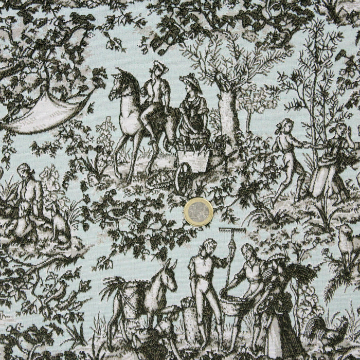 Tissu jacquard Toile de Jouy Campagne 18ème siècle, tons vert d'eau, taupe et blancs - Grande largeur 280cm