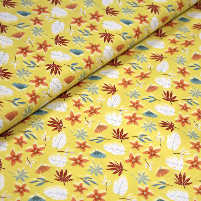 Tissu cotonnade jaune aux feuilles d'automne - OEKO-TEX