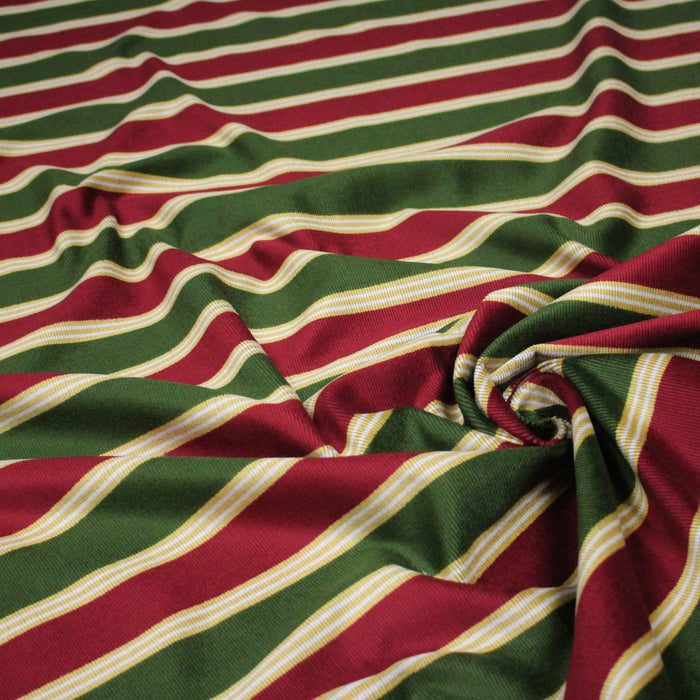 Tissu velours côtelé aux larges rayures rouges et vertes, tissage jacquard