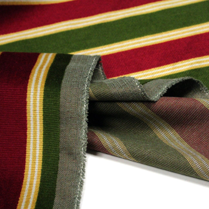 Tissu velours côtelé aux larges rayures rouges et vertes, tissage jacquard