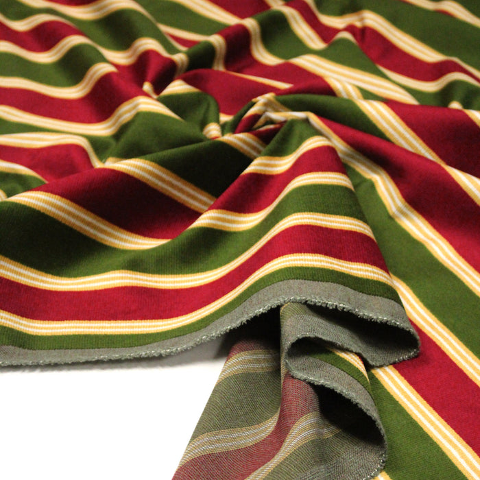 Tissu velours côtelé aux larges rayures rouges et vertes, tissage jacquard