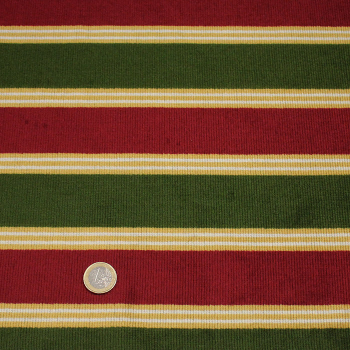 Tissu velours côtelé aux larges rayures rouges et vertes, tissage jacquard
