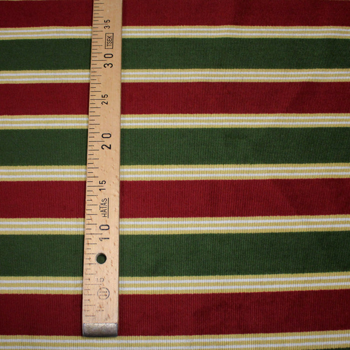 Tissu velours côtelé aux larges rayures rouges et vertes, tissage jacquard