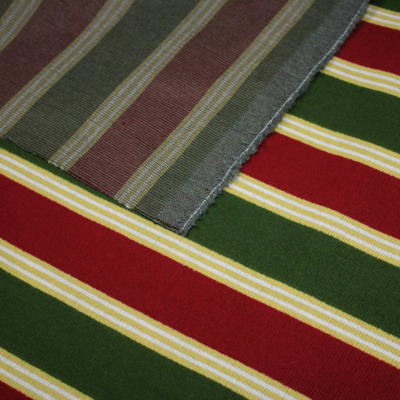 Tissu velours côtelé aux larges rayures rouges et vertes, tissage jacquard - TissusPapi.com