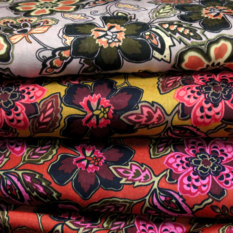 Tissu habillement satin velours, imprimé motif fleuri INDIENNES, nombreuses couleurs - TissusPapi.com