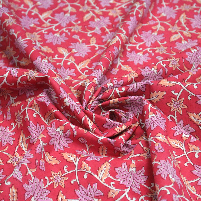 Tissu coton fin imprimé INDIENNES, fuchsia aux fleurs roses et orange corail – STANDARD 100 OEKO-TEX