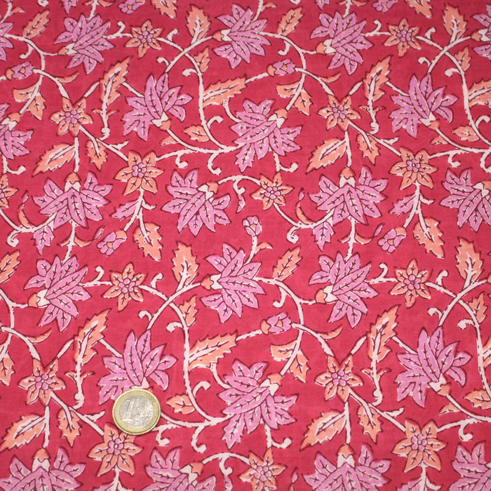 Tissu coton fin imprimé INDIENNES, fuchsia aux fleurs roses et orange corail – STANDARD 100 OEKO-TEX