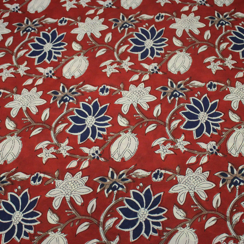 Tissu coton fin imprimé INDIENNES, rouge aux fleurs bleues et écrues – STANDARD 100 OEKO - TEX - TissusPapi.com