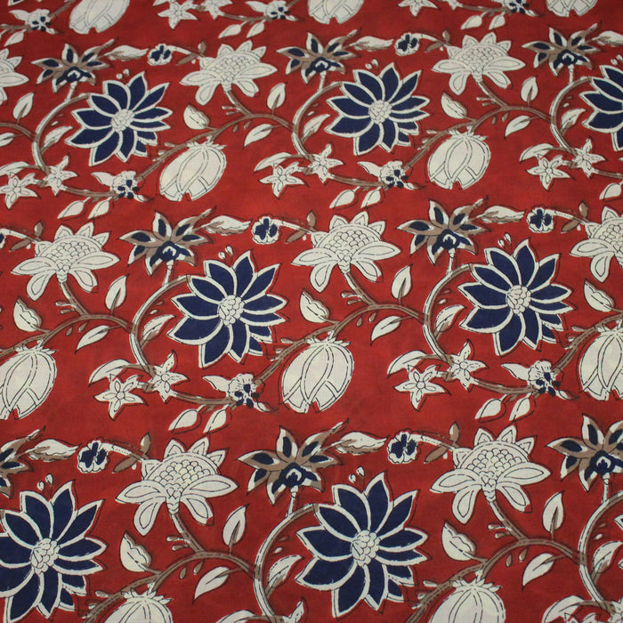 Tissu coton fin imprimé INDIENNES, rouge aux fleurs bleues et écrues – STANDARD 100 OEKO-TEX