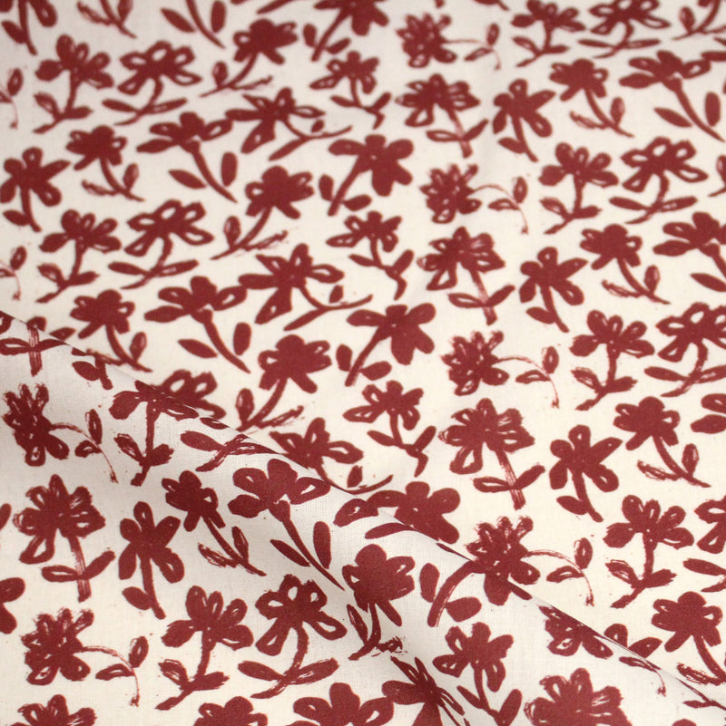 Tissu cotonnade motif japonais HANA - E, aux fleurs dessinées rouges, fond écru - TissusPapi.com
