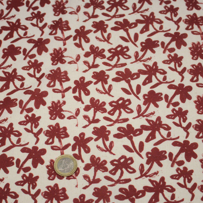 Tissu cotonnade motif japonais HANA - E, aux fleurs dessinées rouges, fond écru - TissusPapi.com